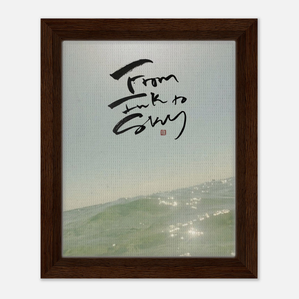 Summer Sea 夏の海 — From Ink to Sky lettering over sunlit sea, canvas framed in dark wood