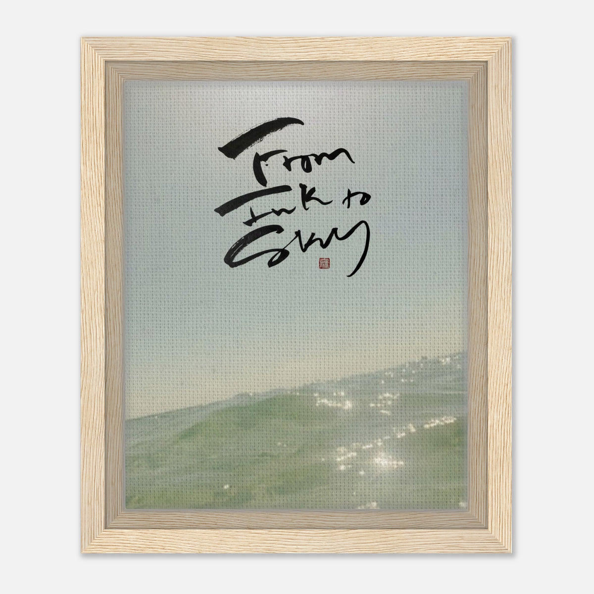 Summer Sea 夏の海 — From Ink to Sky lettering over sunlit sea, canvas framed in light wood