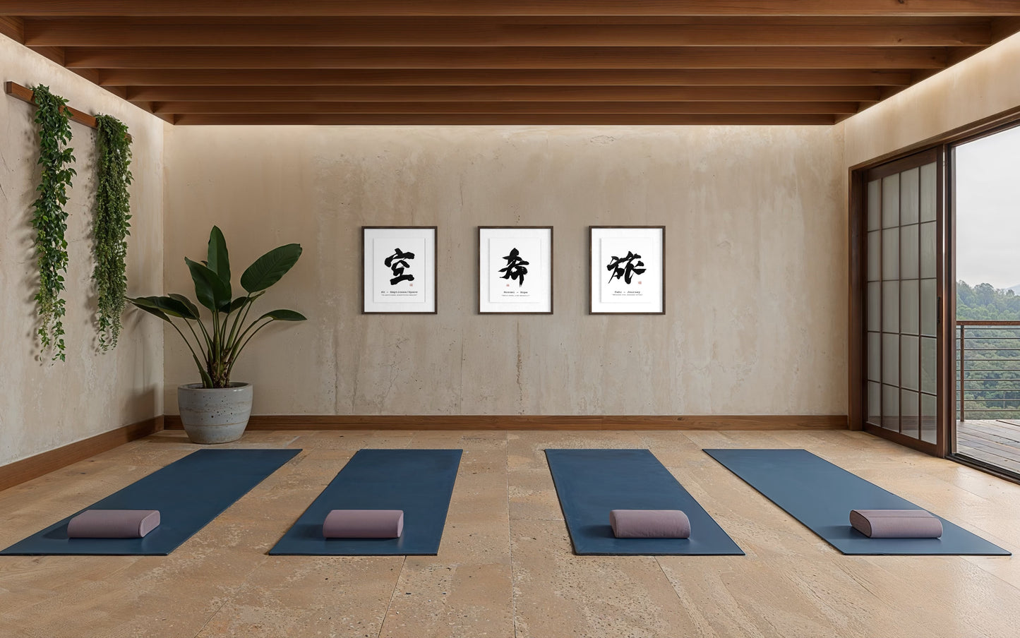 Yoga studio with blue mats, pink pillows, and framed japanese modern calligraphy artwork on a beige wall.