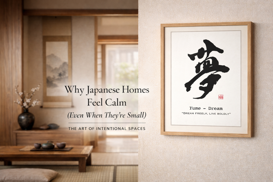 Modern Japanese living room with minimalist tea table and framed calligraphy art on wall