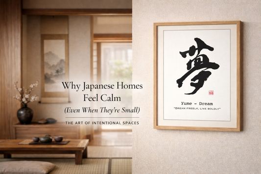 Modern Japanese living room with minimalist tea table and framed calligraphy art on wall