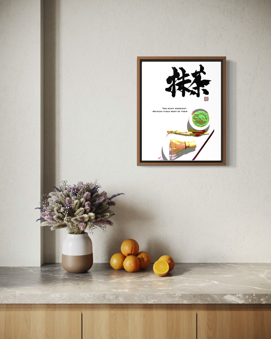matcha japanese calligraphy art is on the wall of japandi styled interior kitchen