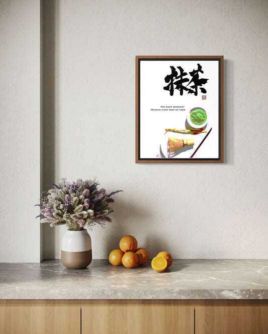 matcha japanese calligraphy art is on the wall of japandi styled interior kitchen