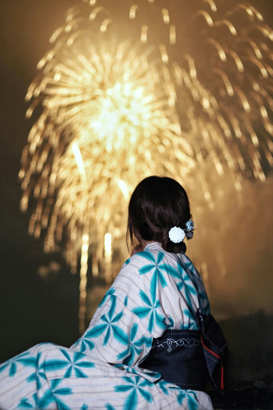 Japanese summer festival lanterns and fireworks, a symbol of wabi-sabi impermanence