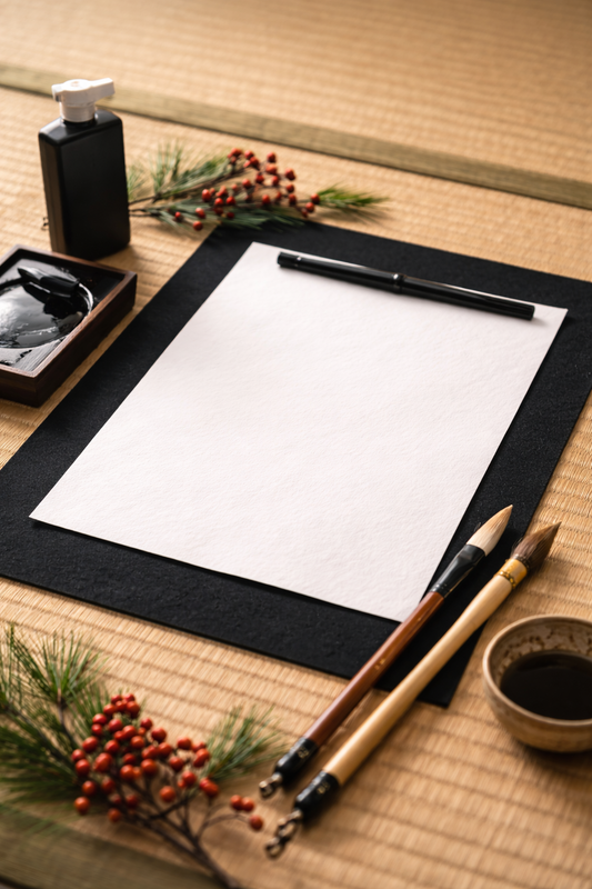 Japanese calligraphy set with blank paper, ink, brushes, and botanicals on tatami mat