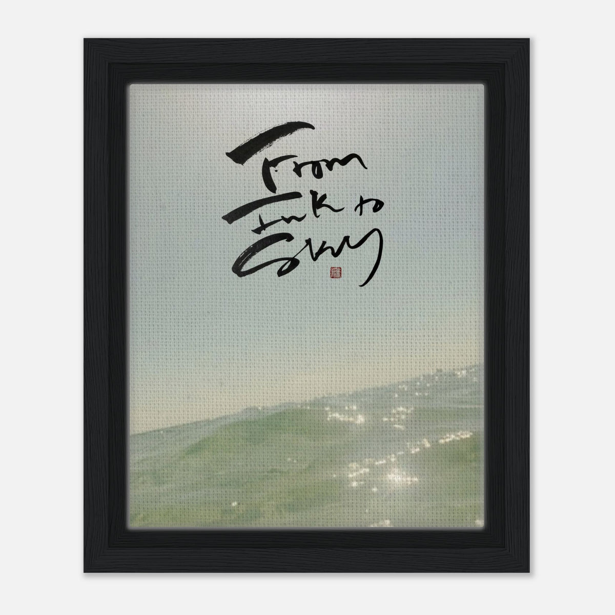 Summer Sea 夏の海 — From Ink to Sky lettering over sunlit sea, canvas in a black frame