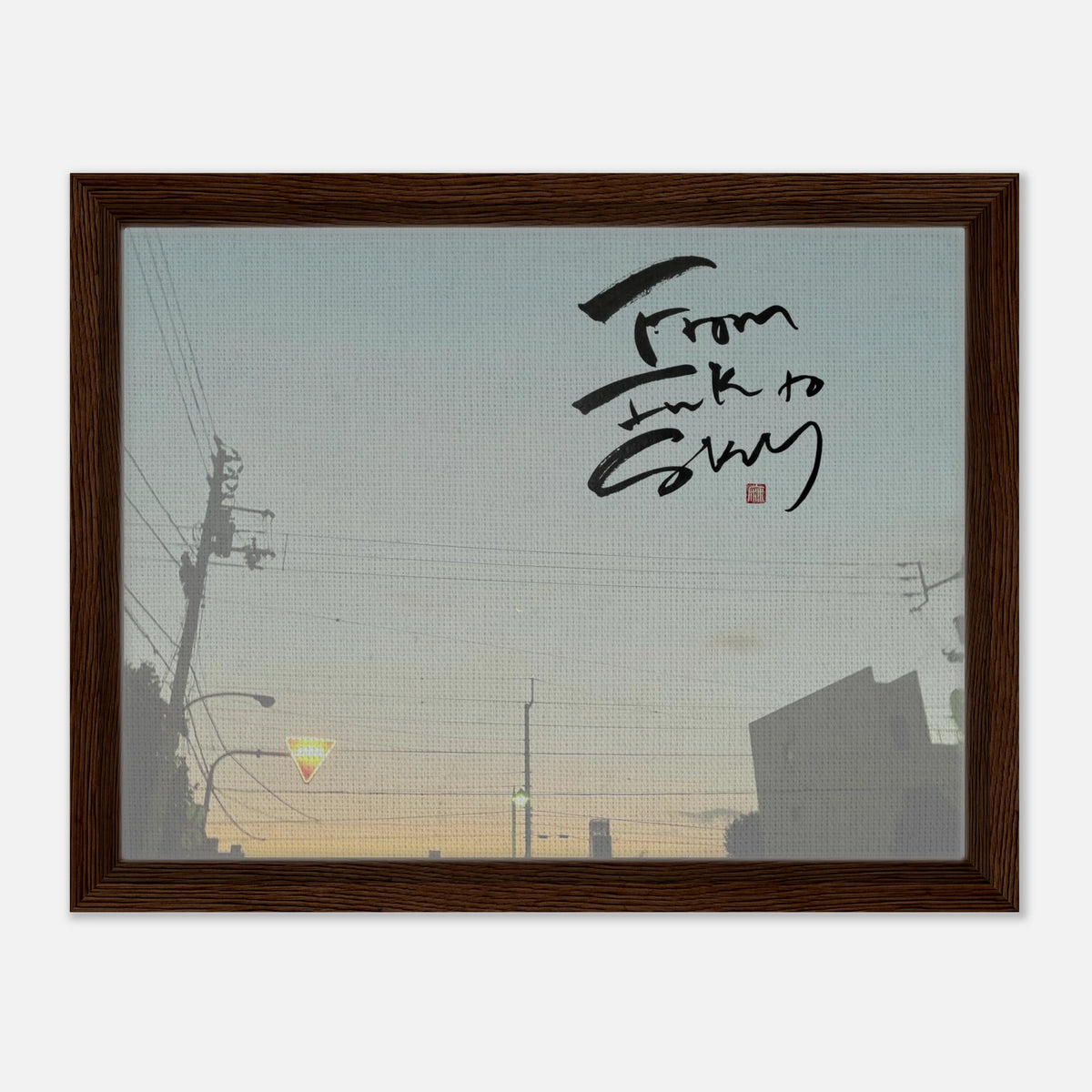 Winter Morning 冬の朝 — From Ink to Sky lettering over a dawn sky, canvas framed in dark wood