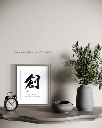 Framed artwork with a calligraphy design on a shelf with decorative items.