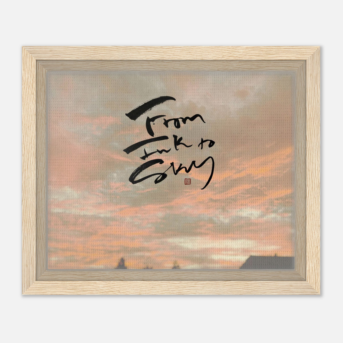 Autumn Sky 秋の空 — From Ink to Sky lettering over a pink sunset sky, canvas in light wood frame