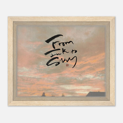 Autumn Sky 秋の空 — From Ink to Sky lettering over a pink sunset sky, canvas in light wood frame