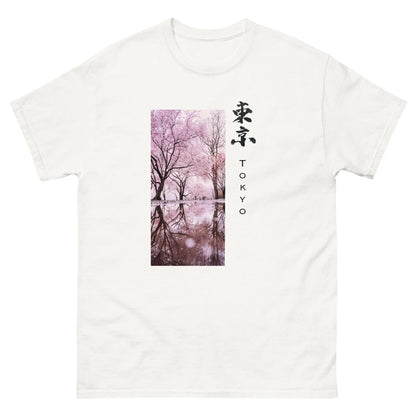 White T-shirt with cherry blossom trees and TOKYO calligraphy print, Japanese art style