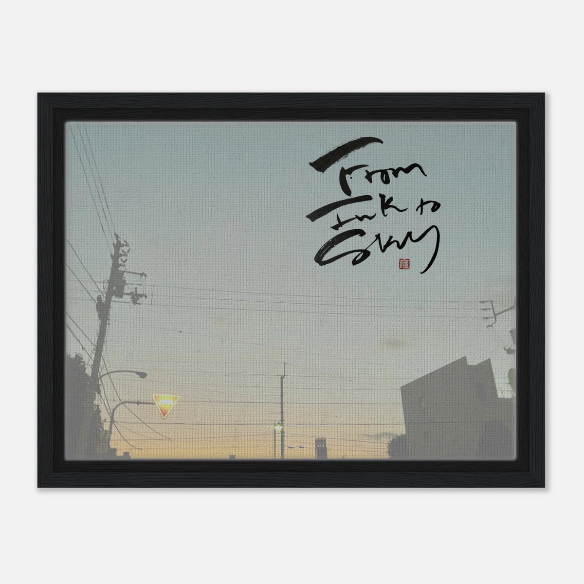 Winter Morning 冬の朝 — From Ink to Sky lettering over a dawn sky, canvas in a black frame