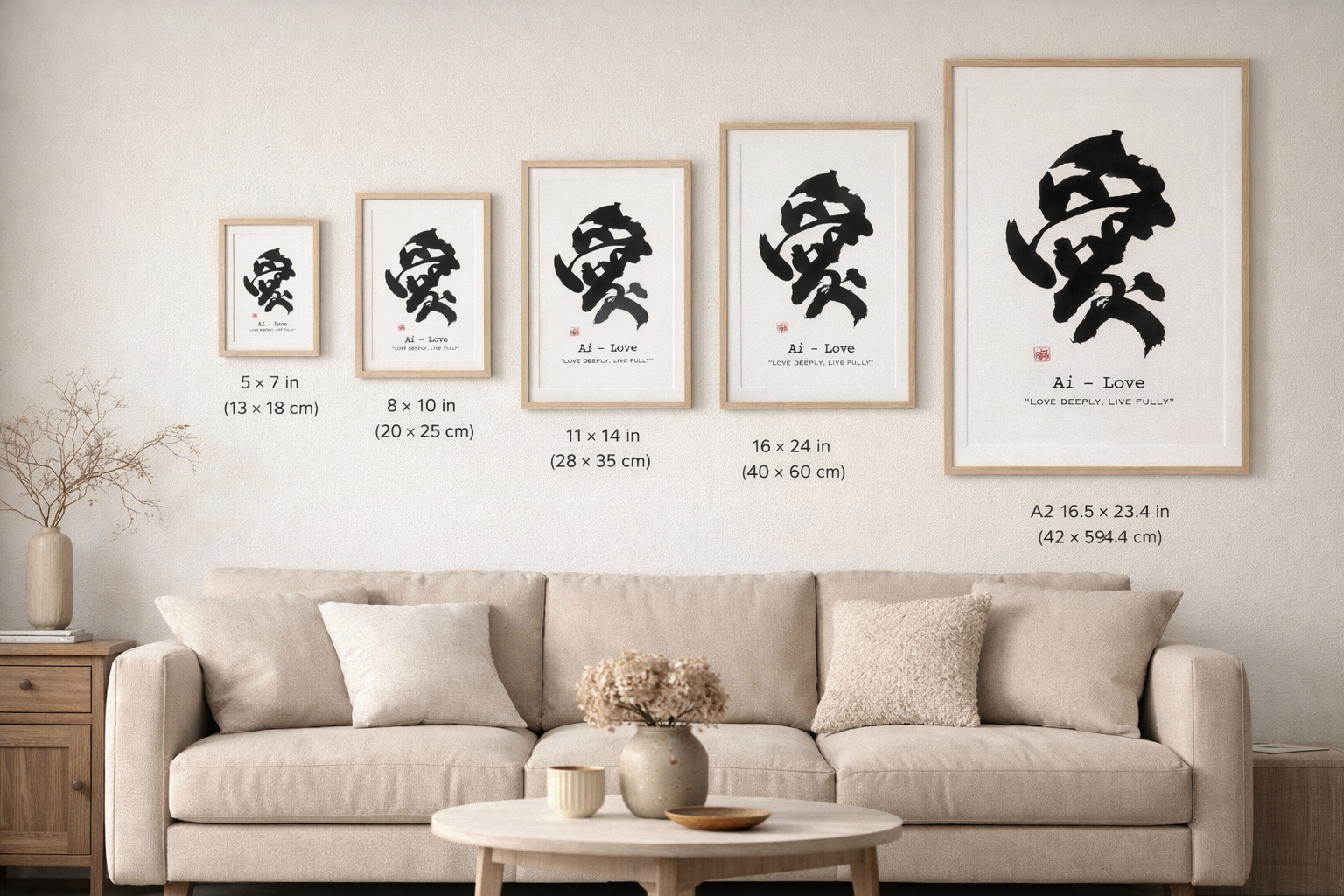Japanese calligraphy wall art size comparison above sofa showing multiple frame sizes in a Japandi-style living room