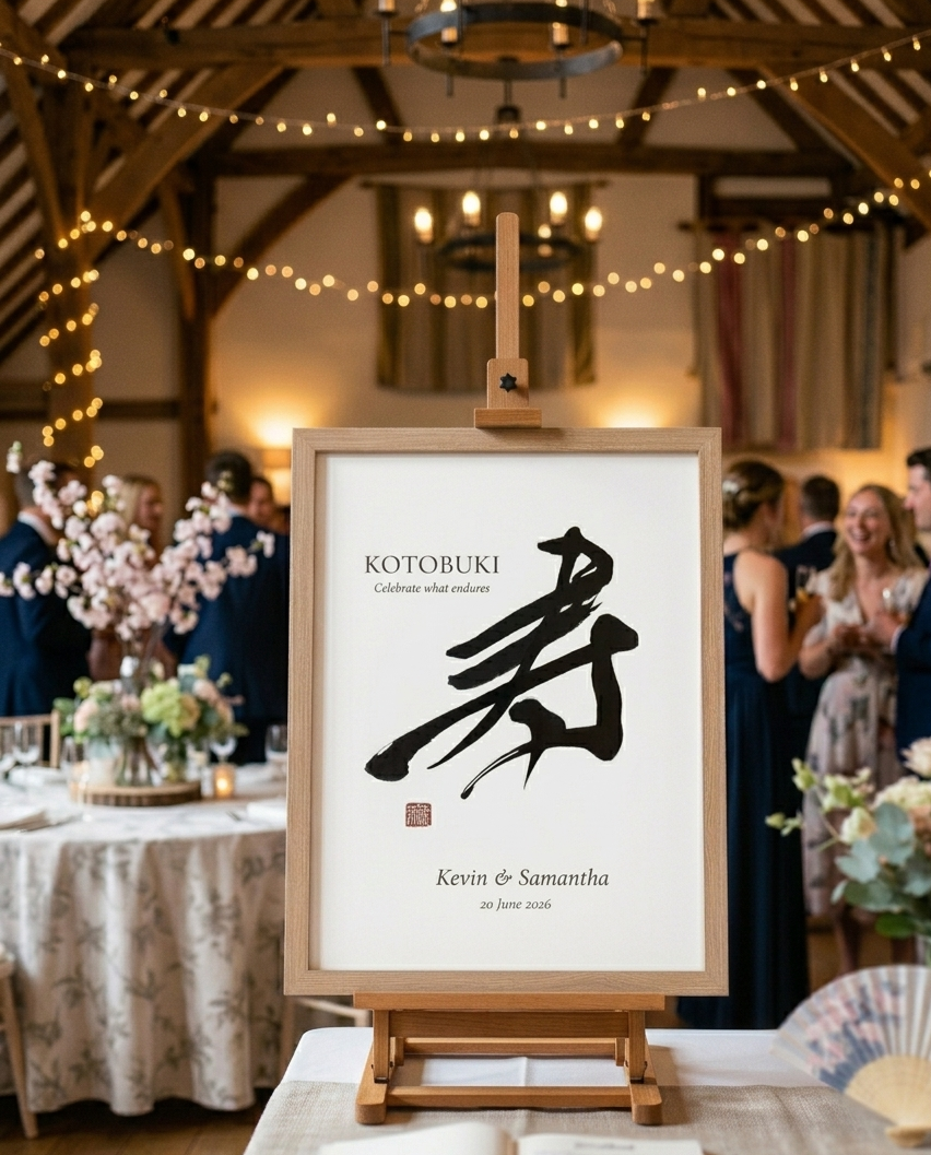 Framed artwork with a black calligraphy design on an easel in a rustic indoor setting with people and decor.