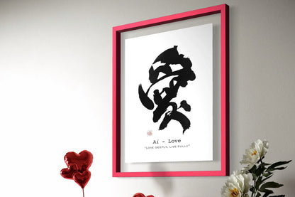 Japanese calligraphy wall art print for 'Love' in a red frame, modern minimalist decor