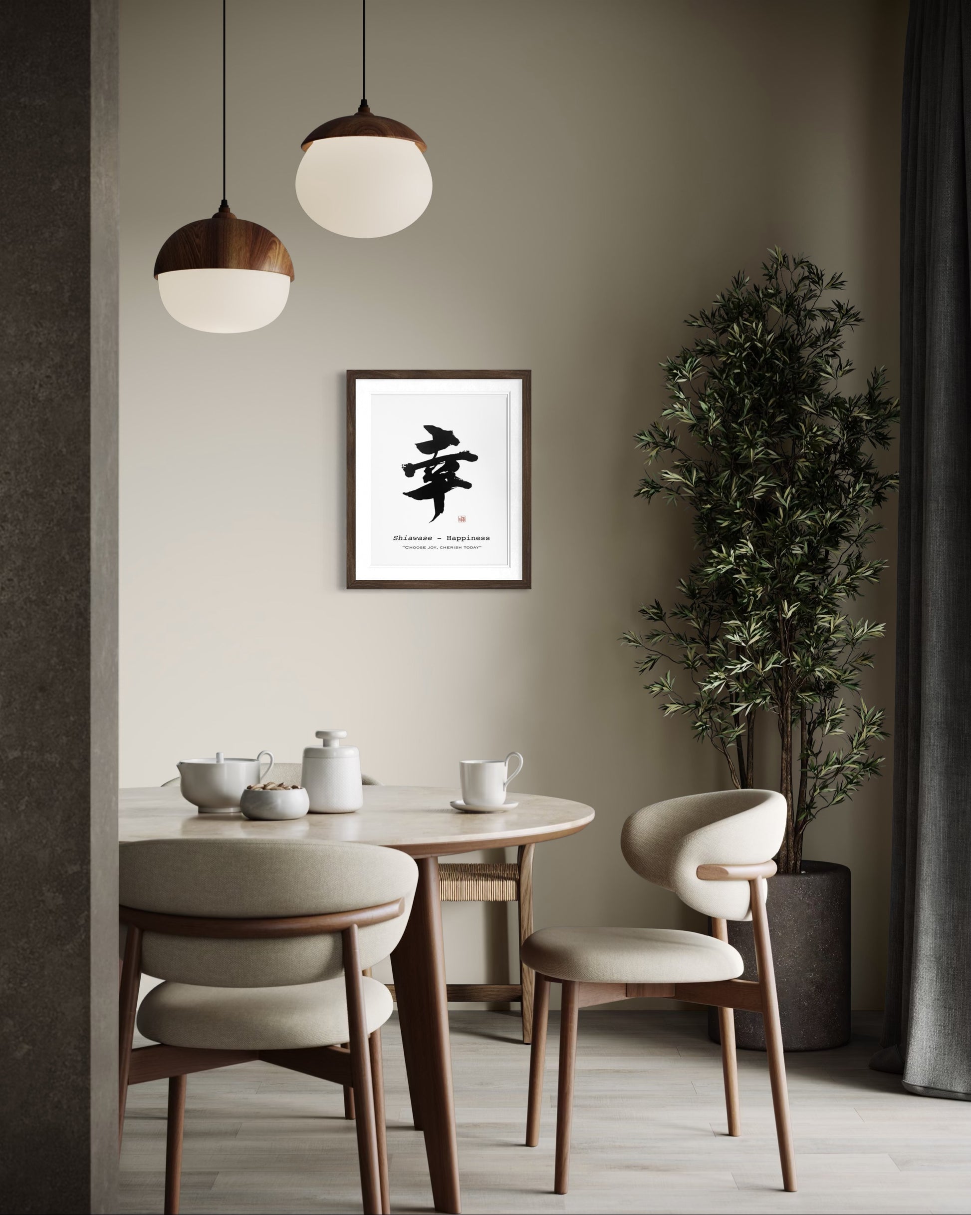 Modern dining room with a table, chairs, and a framed japanese calligraphy artwork on the wall.