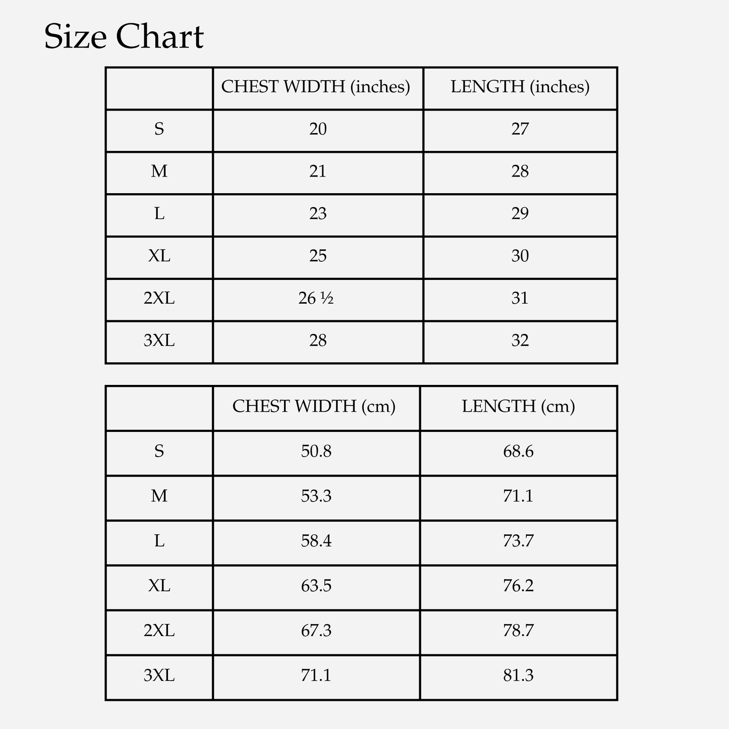 Size chart for clothing with chest width and length measurements in both inches and centimeters.
