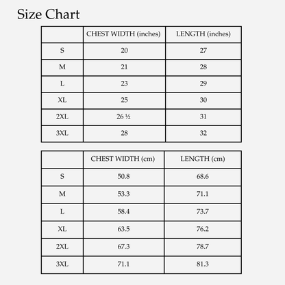 Size chart for clothing with chest width and length measurements in both inches and centimeters.