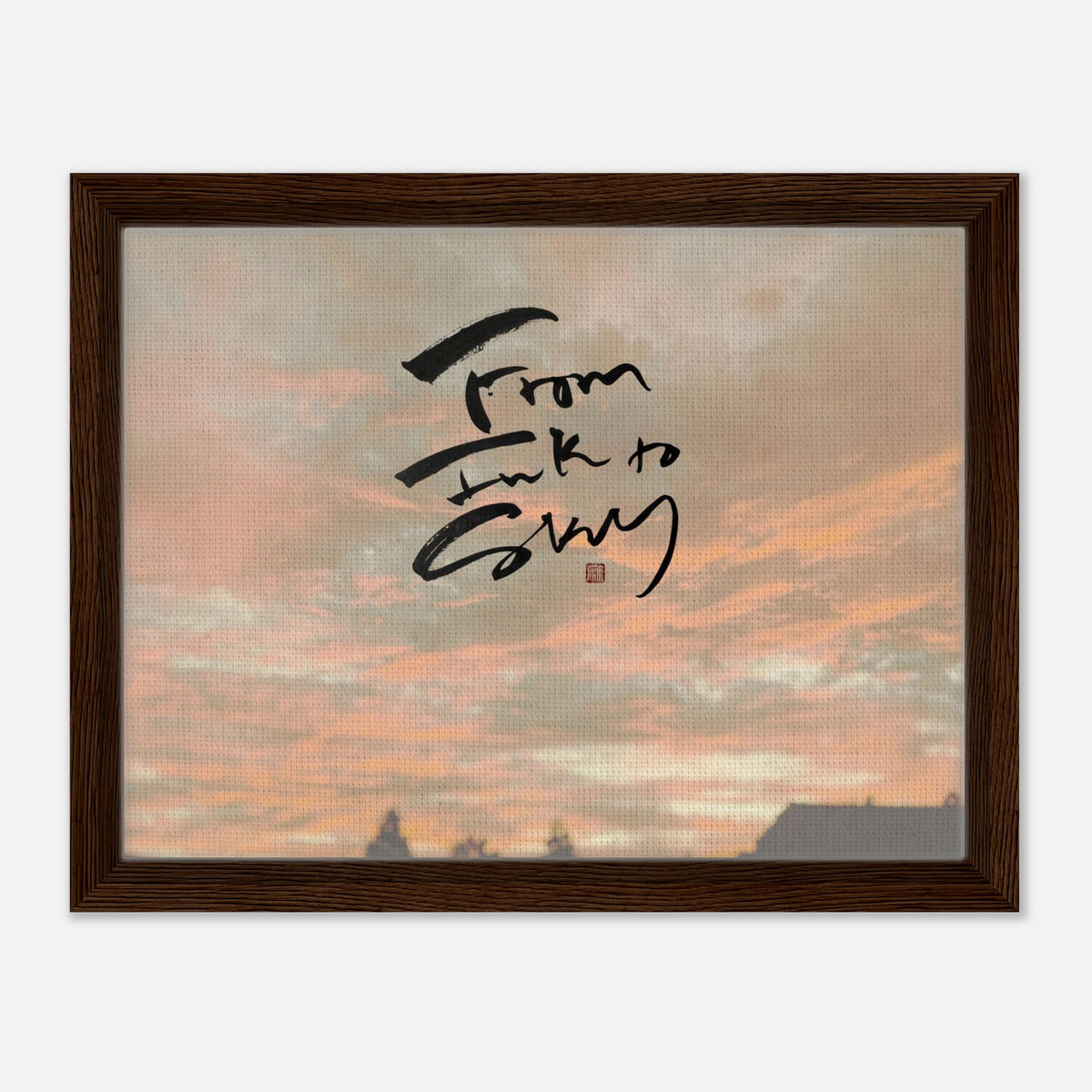 Autumn Sky 秋の空 — From Ink to Sky lettering over a sunset sky, canvas framed in dark wood
