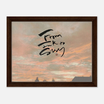 Autumn Sky 秋の空 — From Ink to Sky lettering over a sunset sky, canvas framed in dark wood
