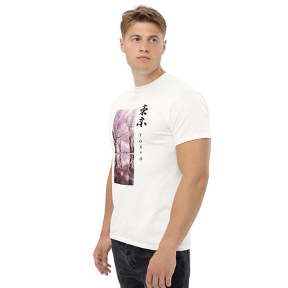 White t-shirt with Tokyo kanji and cherry blossom art print, modern Japanese style