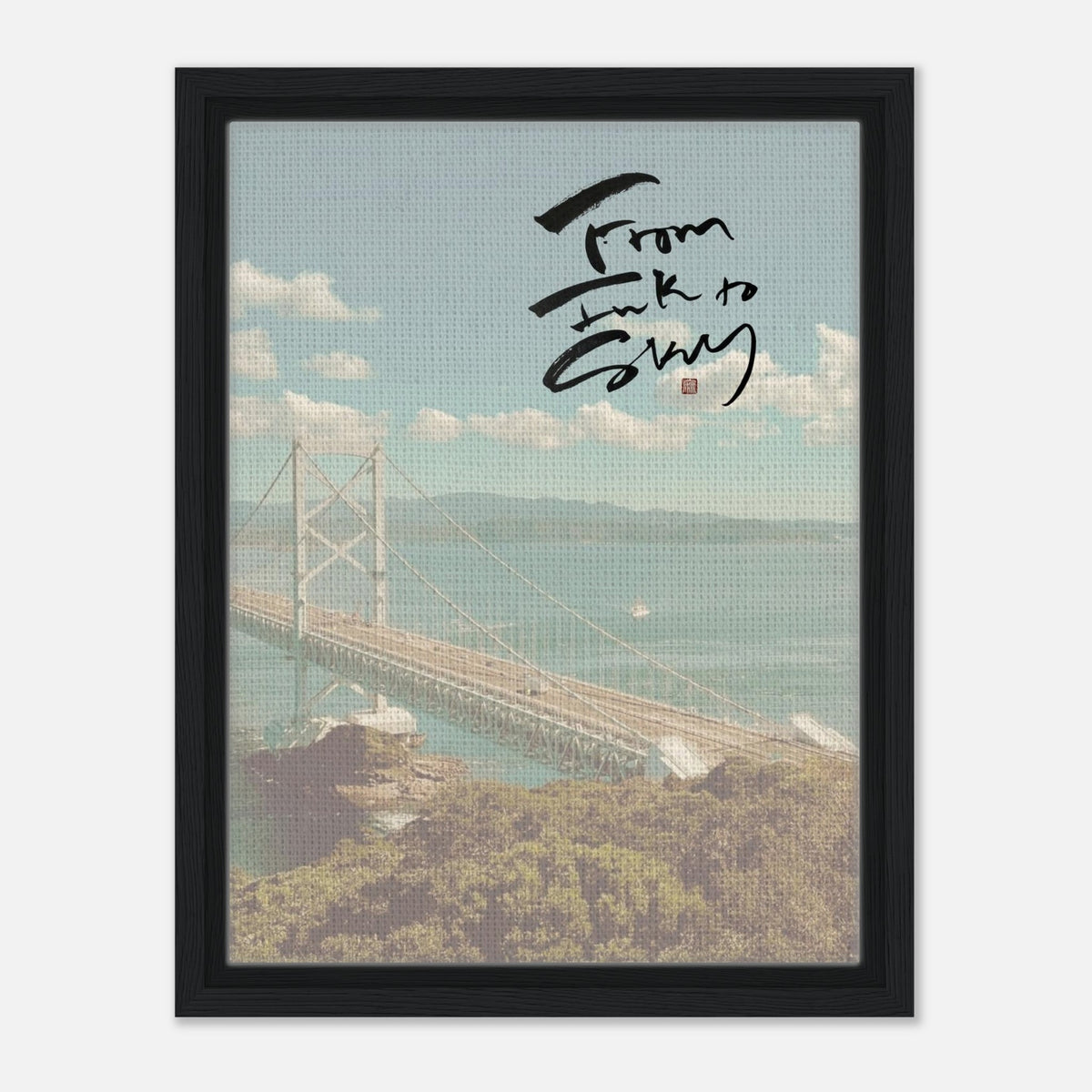 Spring Bridge 春の橋 — From Ink to Sky lettering over a sea bridge, canvas in a black frame