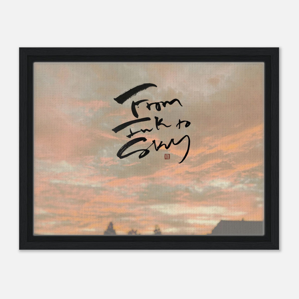 Autumn Sky 秋の空 — From Ink to Sky lettering over a sunset sky, canvas in a black frame