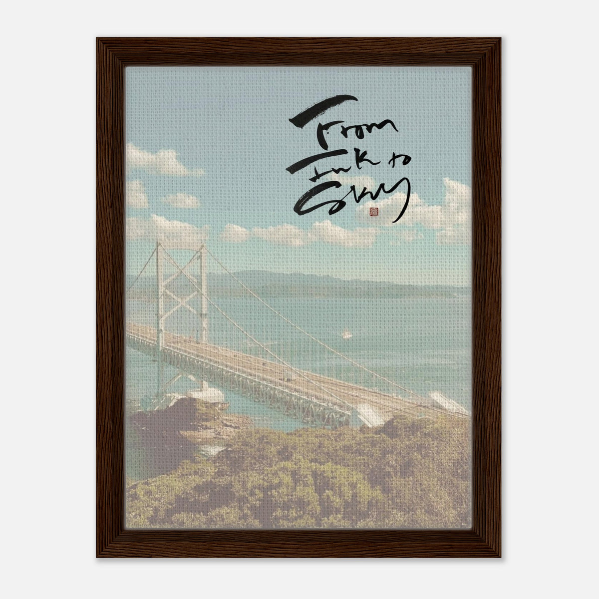 Spring Bridge 春の橋 — From Ink to Sky lettering over a sea bridge, canvas framed in dark wood