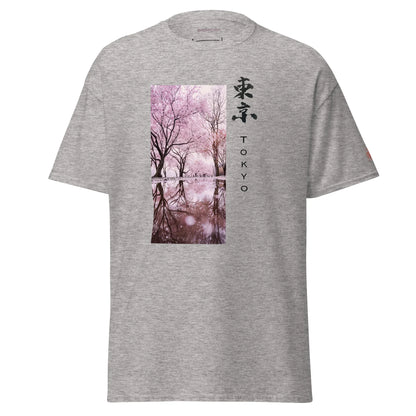 Grey unisex t-shirt with cherry blossom Tokyo print and Japanese calligraphy