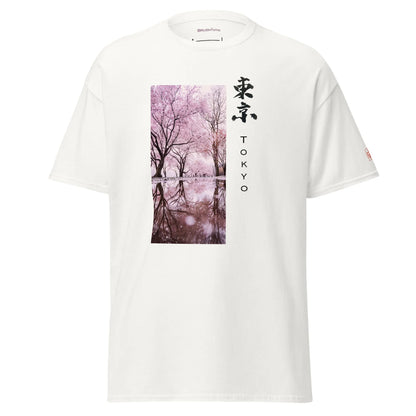 White unisex t-shirt with Tokyo cherry blossom tree graphic and Japanese calligraphy print
